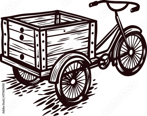 Vintage hand drawn tricycle cargo bike with wooden box carrier isolated on white background illustration