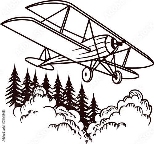 Vintage biplane flying above forest and clouds in hand drawn sketch illustration