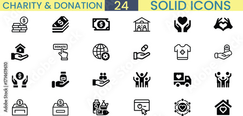 Charity and donation solid icons set represents giving help support and generosity vector