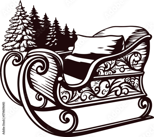 Ornate vintage sleigh illustration with detailed cushions and evergreen trees in classic engraved