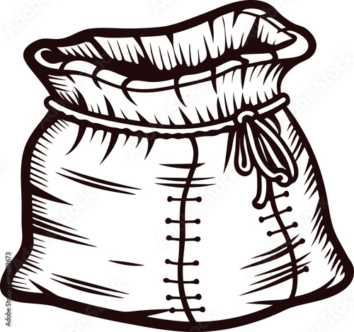 Hand drawn burlap sack illustration with stitched seams and tied cord isolated on white background