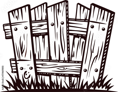 Rustic hand drawn wooden fence illustration with grassy base isolated on white background
