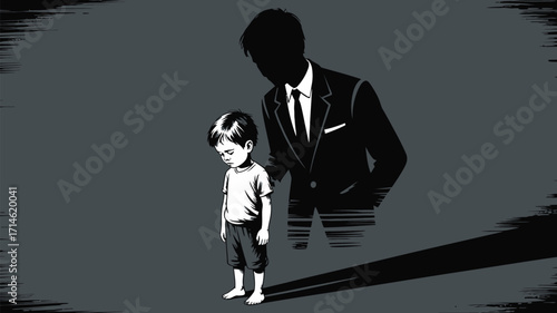 Worried young boy with a looming shadow figure, a metaphor for protection or childhood adversity