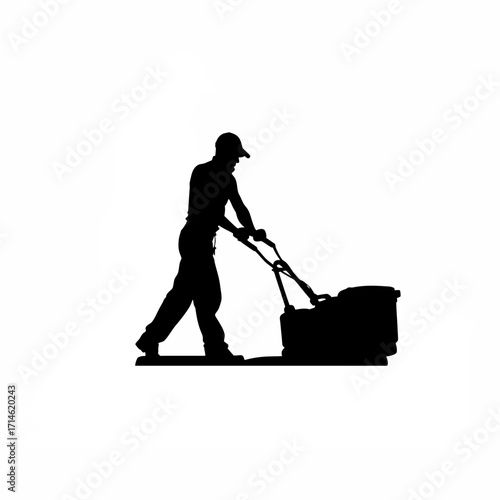 Silhouette of construction worker dragging heavy screed board with effort isolated on white background