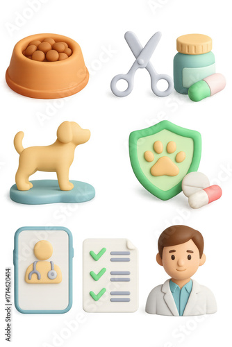 3d pet care icons featuring dog, grooming tools, and veterinary supplies