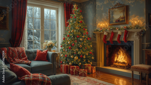 a cozy room with a fireplace and a Christmas tree