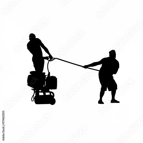 Silhouette of construction worker guiding screed machine with rope isolated on white background