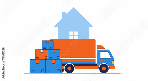 Delivery service featuring truck, boxes, and house on white background for transport concept. Delivery service illustration shows packages loaded into moving truck.
