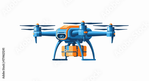 Drone delivery illustration with blue quadcopter and package on white background. Drone delivery system is showcased with its camera and package attachment, ready for flight.