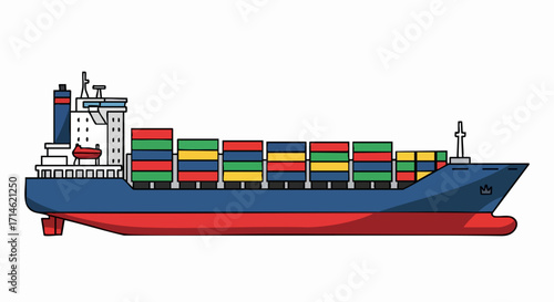 Container ship sailing on water in flat design, cargo vessel. Container ship carries containers across ocean. Freight shipping is critical for world trade,