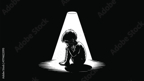 Vulnerable child sits alone in spotlight highlighting themes of sadness, loneliness, and isolation