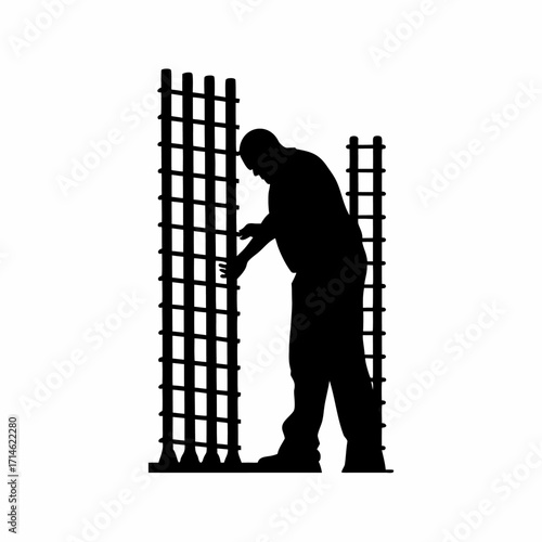 Silhouette of construction worker adjusting rebar isolated on white background