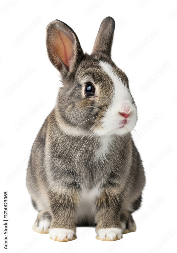 Obraz premium A young domestic rabbit with fluffy grey-brown fur and transparent face markings, sitting calmly with gentle eyes, on a bright white studio background with copy space, serene pet portrait concept