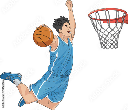 Basketball player, slam dunk, blue uniform, athletic jump, sports action, dynamic pose, airborne athlete, hoop shot, competitive game, vertical leap