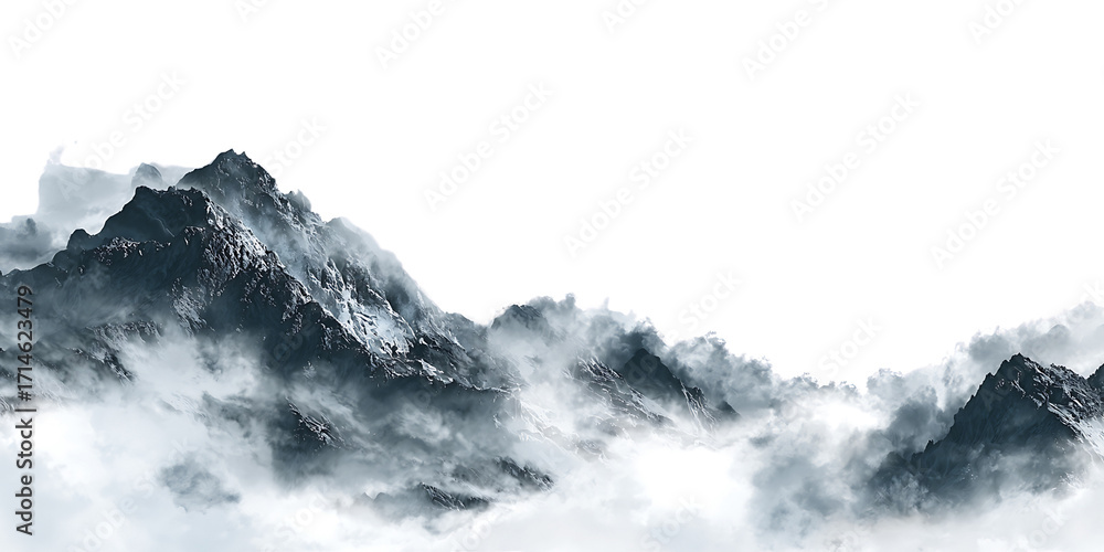 Obraz premium Snowy Mountain Peaks with Clouds Isolated on Transparent Background