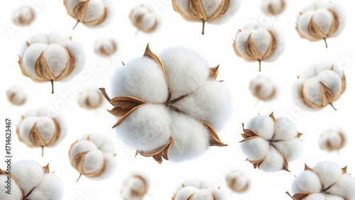Close up of cotton flowers isolated on white background, showcasing soft texture