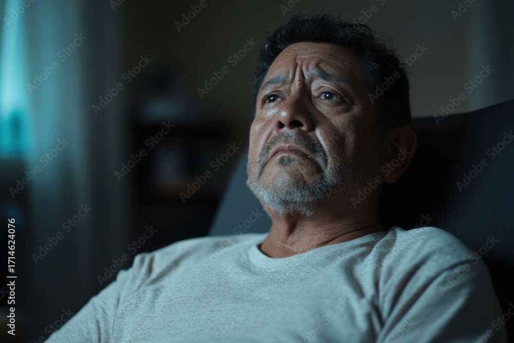 Fototapeta premium Middle-aged Hispanic man shares mental health struggles in group therapy session focusing on vulnerability and support