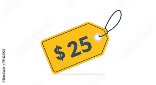 Yellow price tag with twenty five dollars cost for sale promotion and discount offer online shopping retail shop
