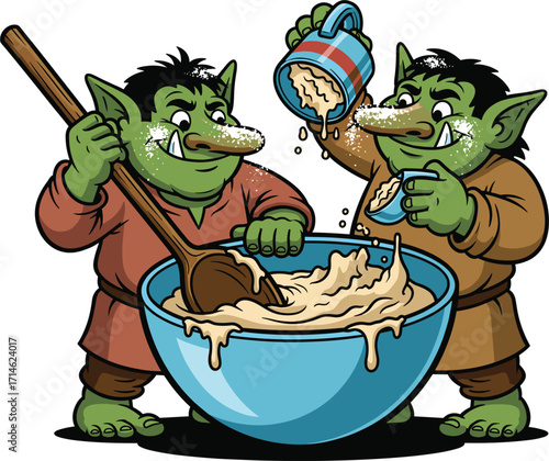 Two green goblins happily mixing ingredients in a large blue bowl