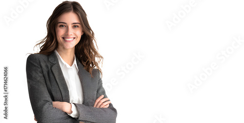  portrait of a smiling business woman in a suit, standing with her arms crossed, isolated on a transparent png