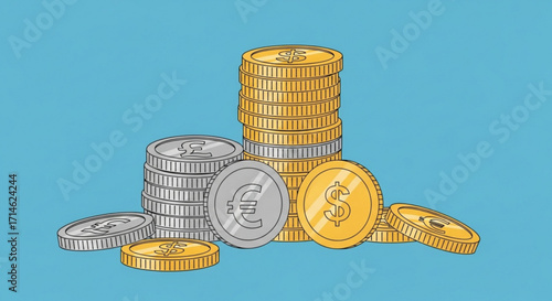 Illustration of money coins currency dollar euro pound sterling gold silver investment finance wealth savings