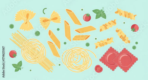 Delicious italian pasta varieties illustration featuring farfalle penne spaghetti and ravioli design vector 100