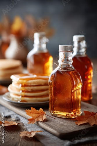 Maple syrup bottles beside pancakes and autumn leaves create a cozy fall setting