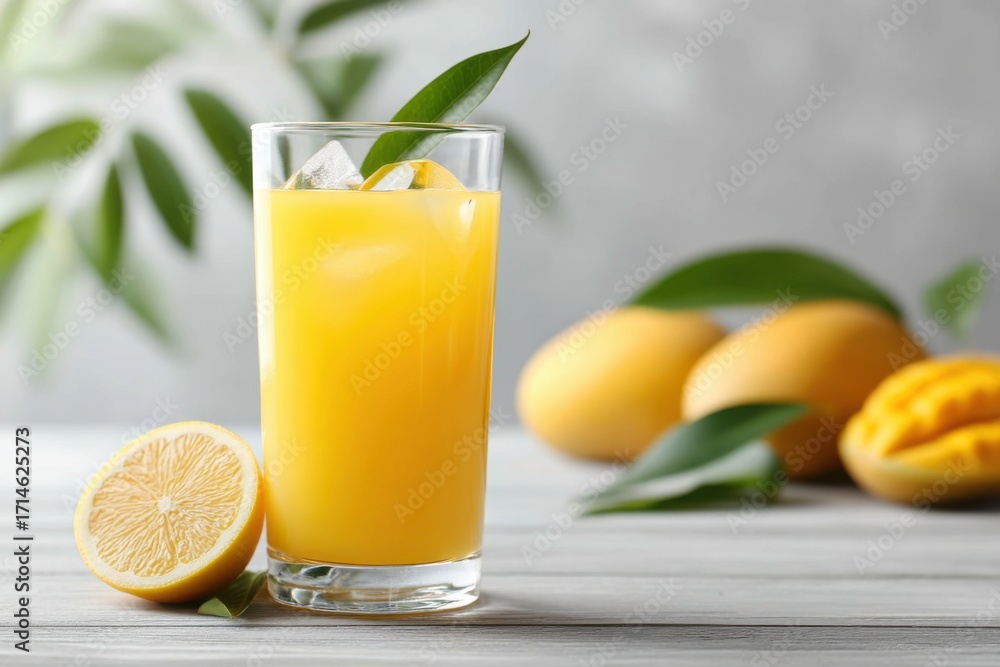 Fototapeta premium Vivid mango lemonade in a clear glass with fresh mango slices on a light wooden table