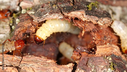Close-up of wood borer larvae and ants