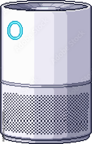Pixelated illustration of a white air purifier with a blue light indicator on its upper section.