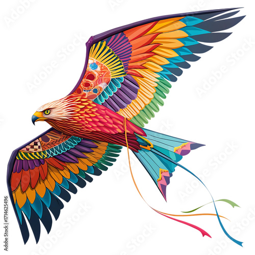 Vibrant colorful eagle kite in flight with long flowing tails isolated on transparent background