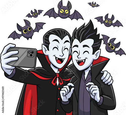 Two happy vampires taking a selfie with bats flying around them