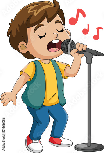Cartoon child singing, microphone performance, musical notes, expressive pose, colorful outfit, stage talent, entertainment, music show, happy singer, vocal expression