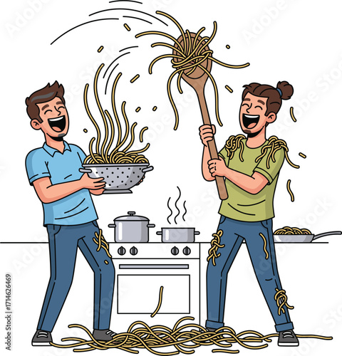 Two happy people making a mess in the kitchen with spaghetti