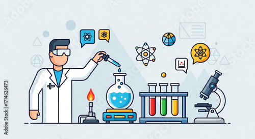 Science lab experiment illustration with scientist, microscope, test tubes and chemical reaction 100chr
