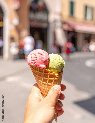 Sun-Drenched Italian Street: Hand Holding Strawberry and Pistachio Gelato Cone
