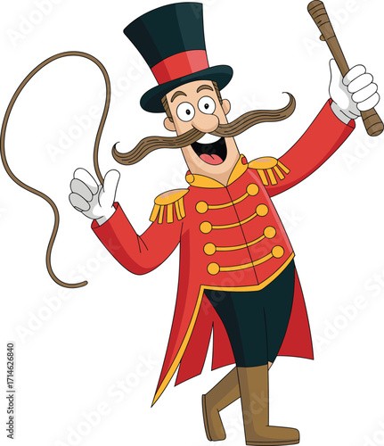 Cartoon circus ringmaster character, red coat, top hat, whip, baton, dynamic pose, vintage style, vector illustration, entertainment theme