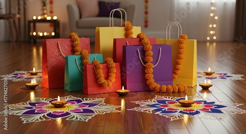 Diwali diwali shopping bags decorated with marigold garlands and diyas, symbolizing festive shopping and the celebration of the indian festival of lights