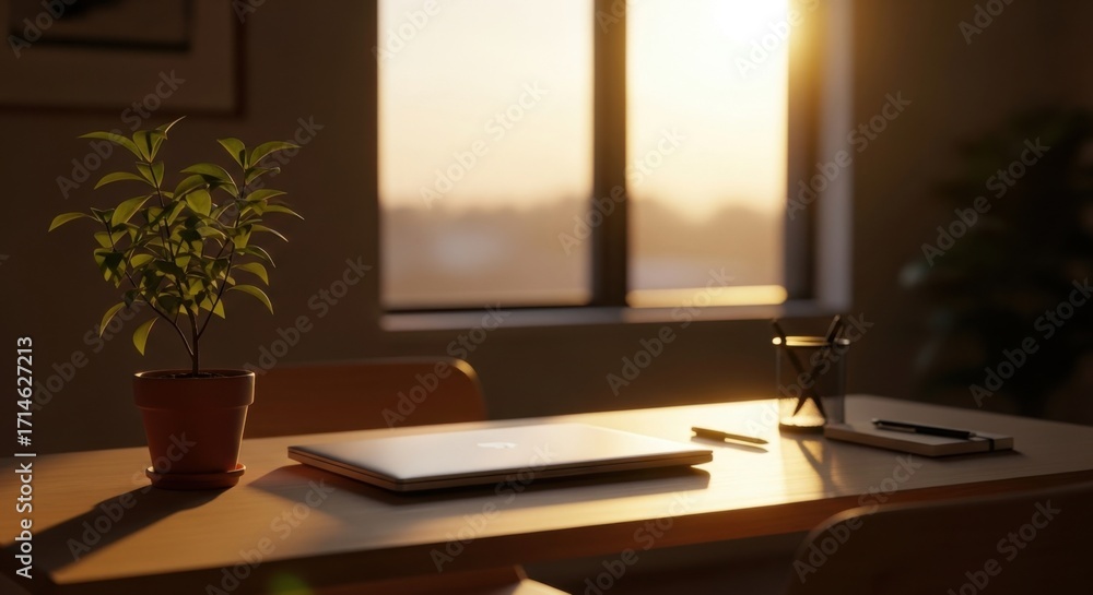 Obraz premium Serene Office Workspace Bathed in Golden Hour Sunlight with a Potted Plant and Desktop Computer