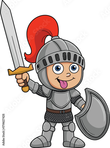 Cartoon knight character, medieval armor, playful warrior, sword and shield, fantasy hero, children illustration, cute knight, vector art, fun design
