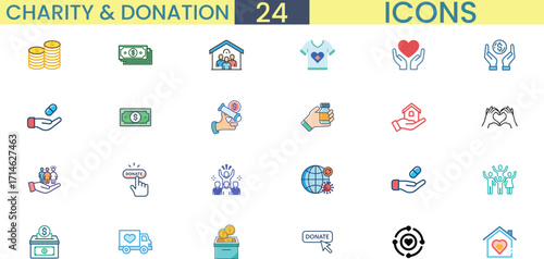 Charity and donation icons set for social causes fundraising and helping hand concepts vector