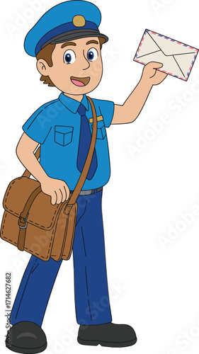 Cartoon mail carrier, smiling character, blue uniform, holding envelope, postal worker, vector art, delivery service, satchel bag, friendly design, airmail letter