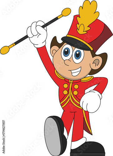 Cartoon marching band leader, red uniform character, drum major pose, parade baton raised, cheerful mascot, festive costume, vector illustration, editorial art