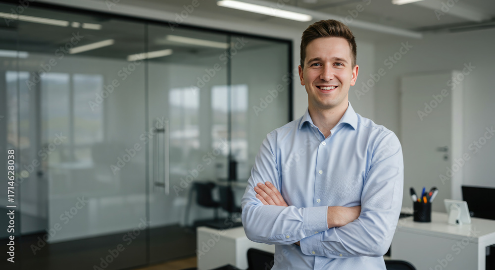 Fototapeta premium Confident businessman with arms crossed in a modern glass-walled office