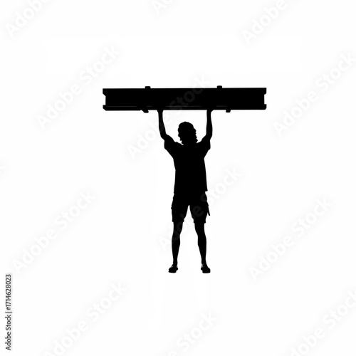 Silhouette of construction worker lifting screed board isolated on white background