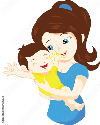 Cartoon mother holding baby, smiling woman in blue dress, happy infant, parenting love, family care, joyful moment, childcare illustration