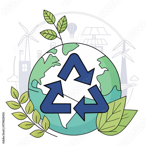 Recycling symbol with three arrows on Earth isolated on white background