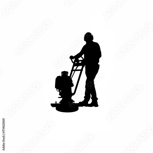 Silhouette of construction worker operating vibrating screed machine isolated on white background