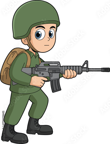 Cartoon soldier illustration, military character, green uniform, rifle pose, army backpack, animated style, expressive eyes, combat gear, vector art, defense