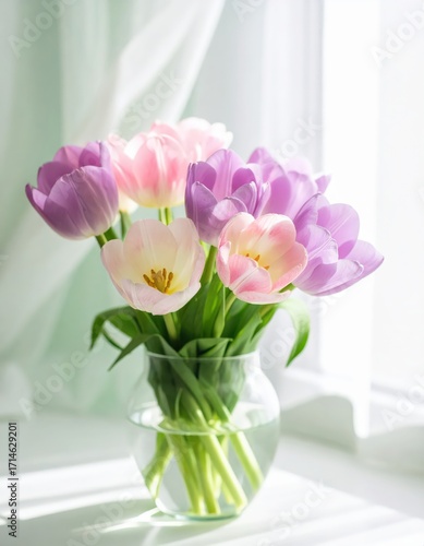 Sunlit Bouquet: Delicate Pink and Purple Tulips in a Glass Vase near Window
